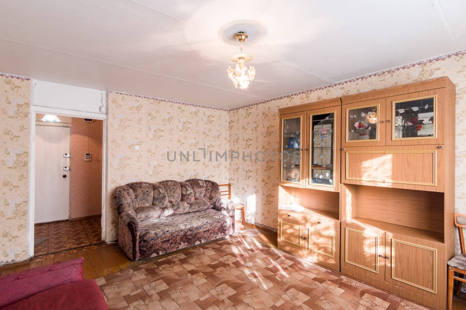 Russia, Moscow- June 11, 2019: interior room apartment. standard repair decoration in hostel. old not modern decor
