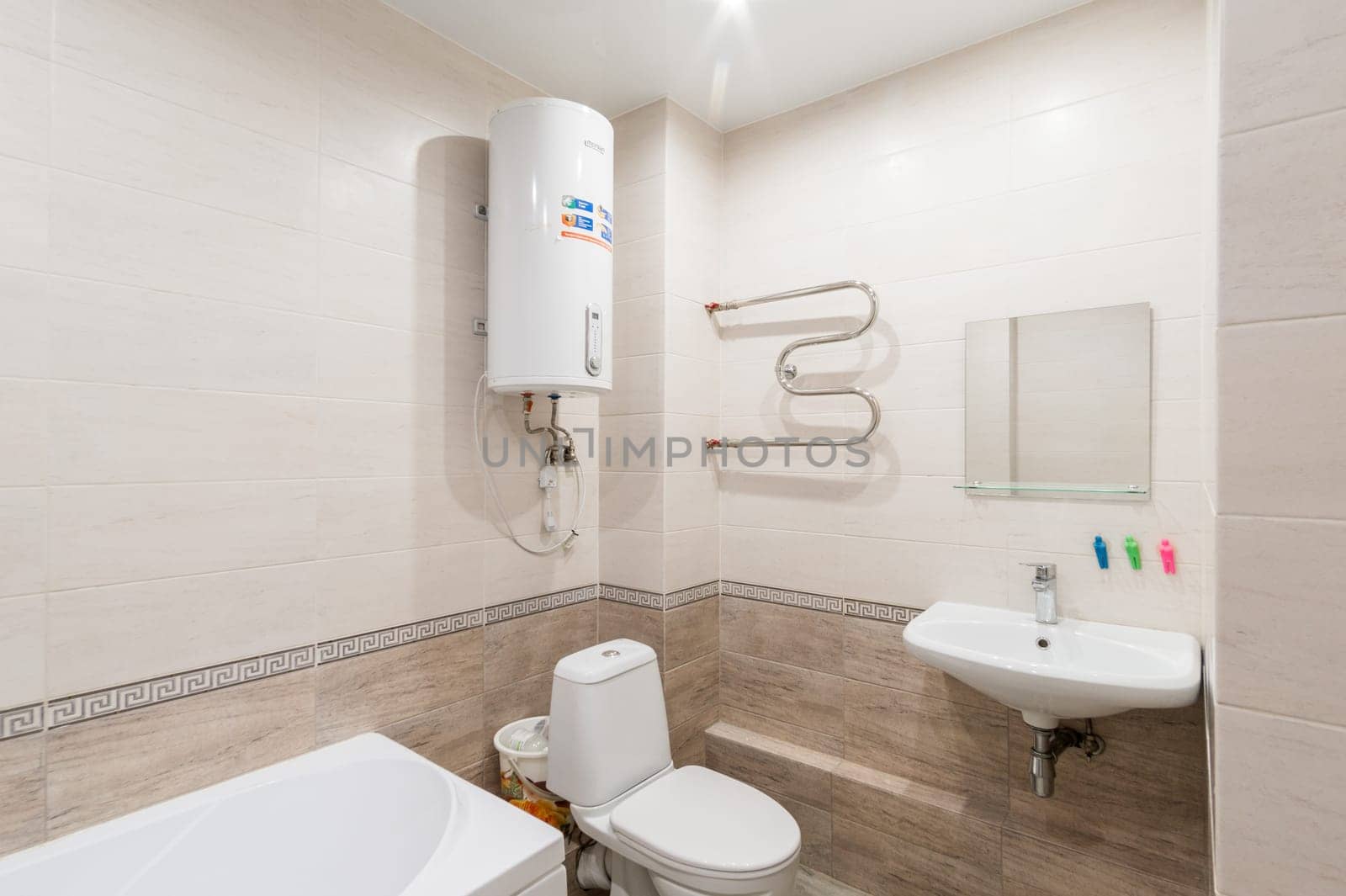 Russia, Moscow- June 11, 2019: interior room apartment. standard repair decoration in hostel. bathroom and toilet