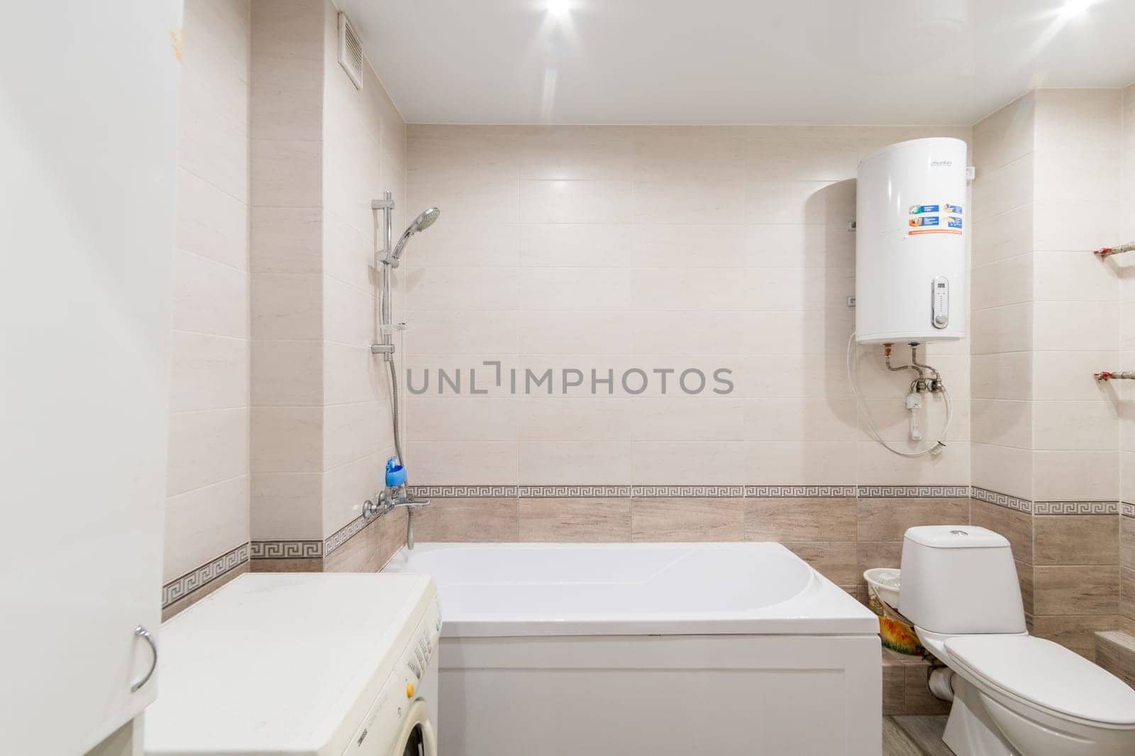 Russia, Moscow- June 11, 2019: interior room apartment. standard repair decoration in hostel. bathroom and toilet