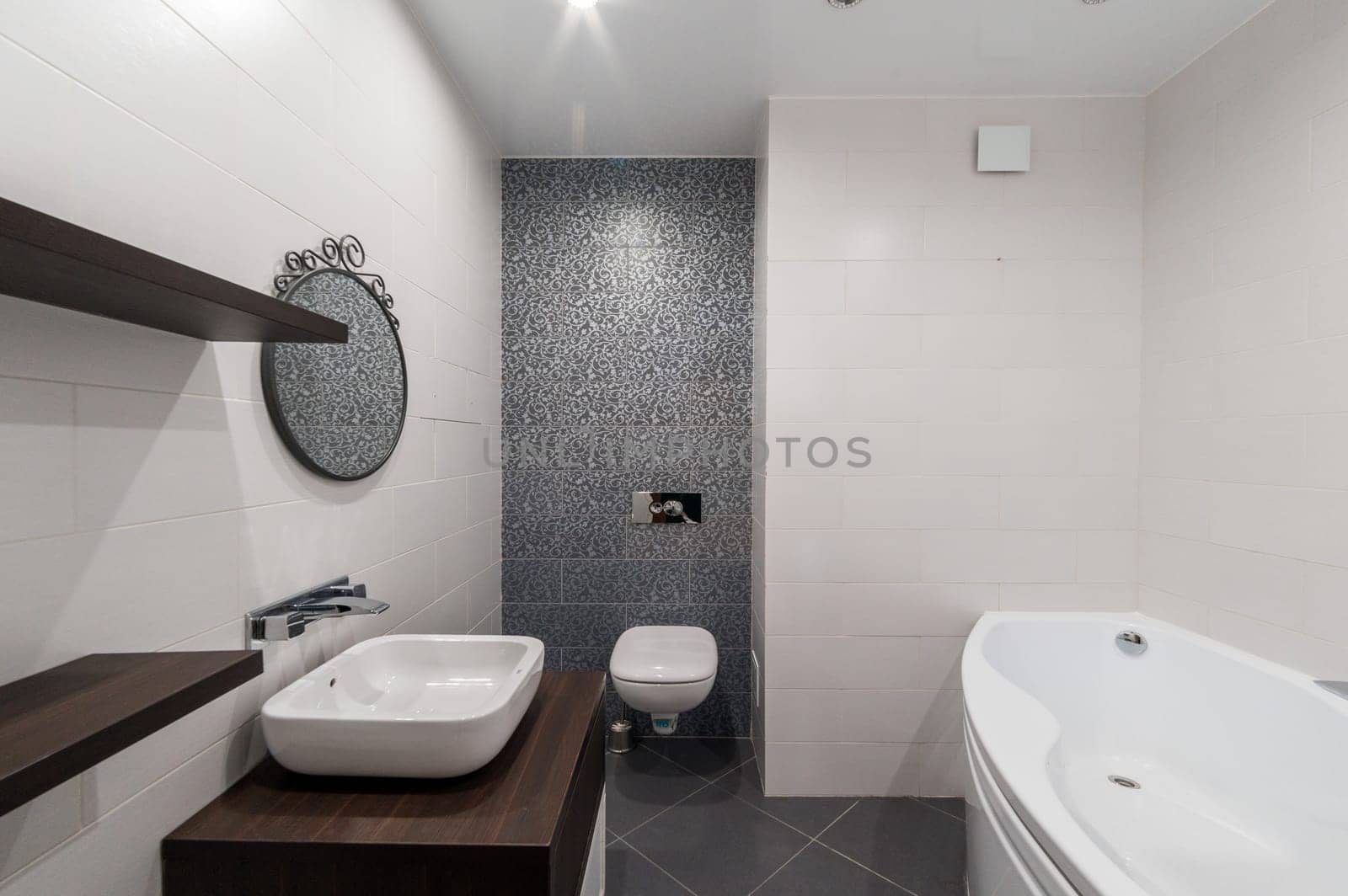 Russia, Moscow- June 11, 2019: interior room apartment. modern bathroom, sink, decoration elements, toilet