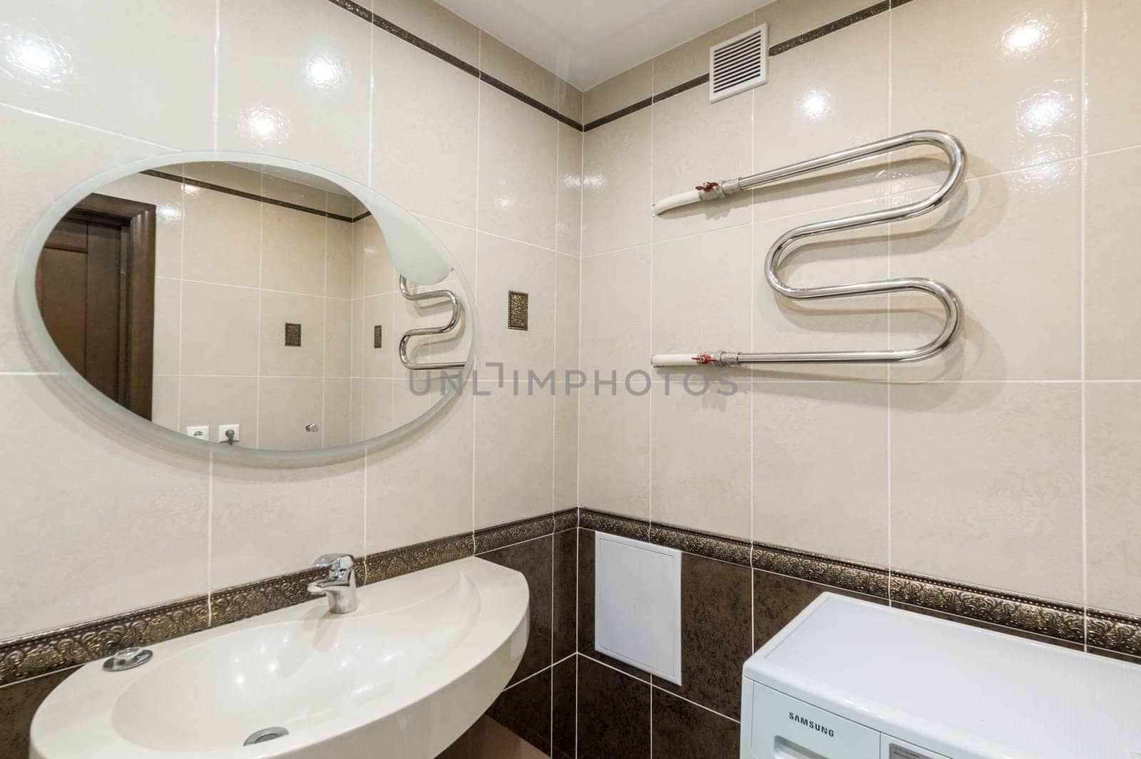 Russia, Moscow- June 11, 2019: interior room apartment. modern bathroom, sink, decoration elements, toilet
