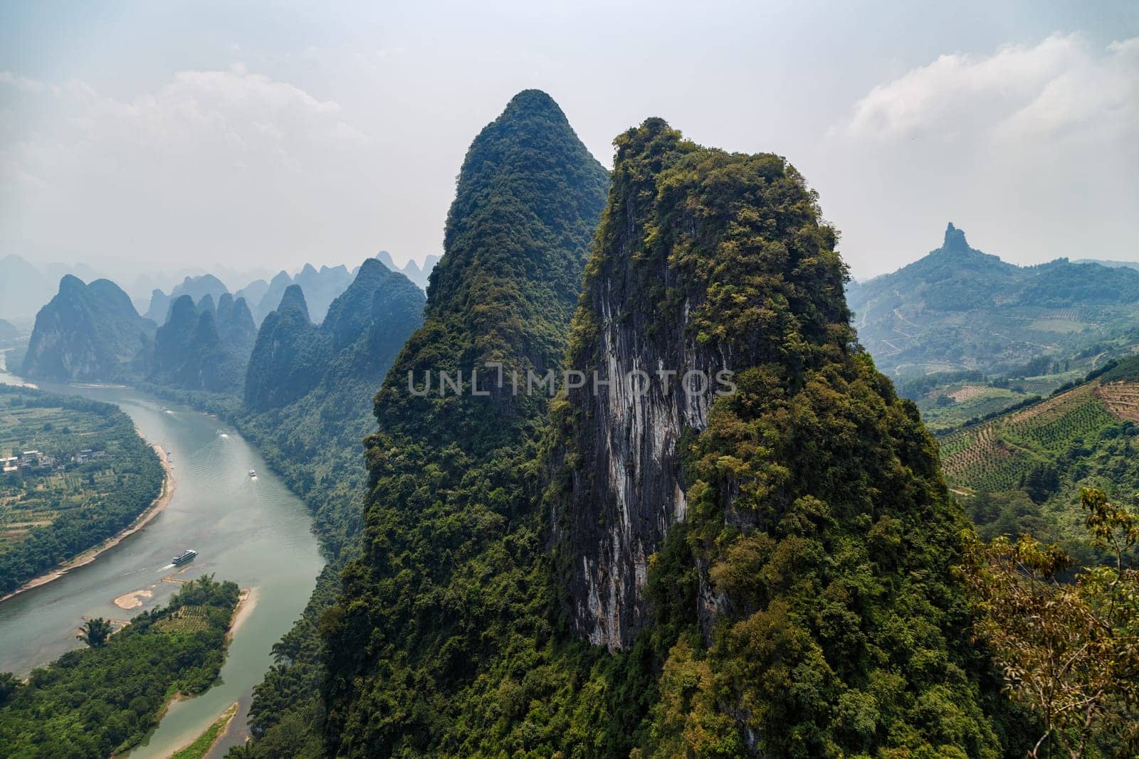 View of the scenic Guilin Mountains on a clear day, Yangshuo, China