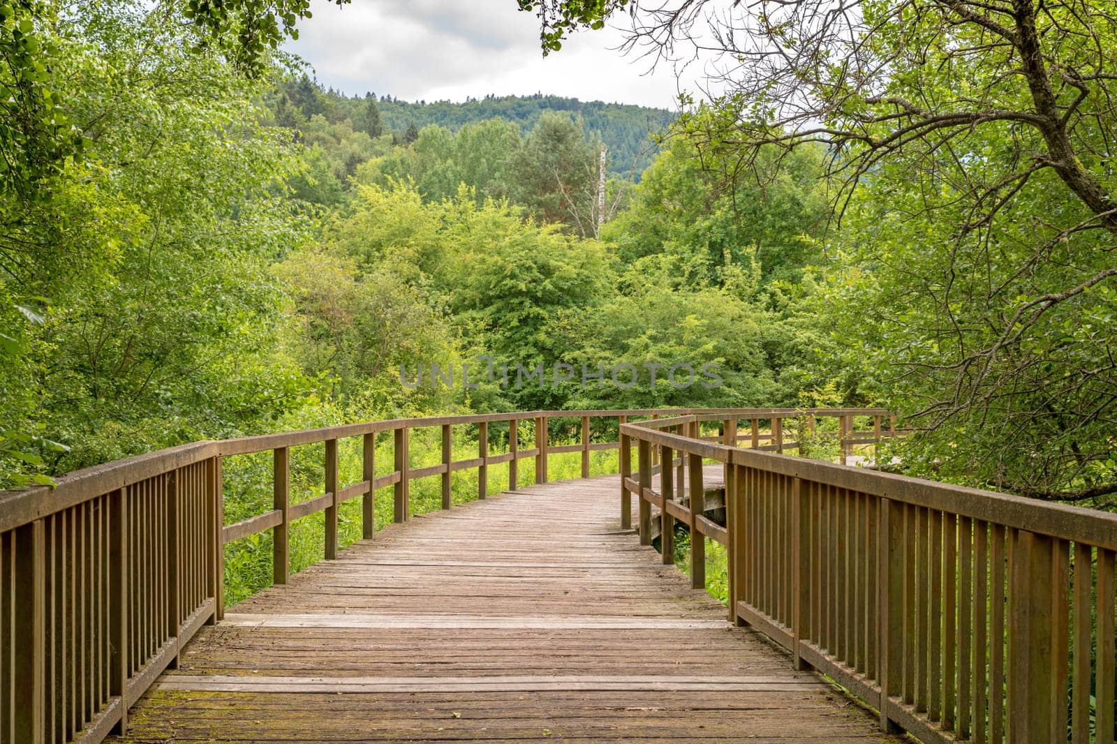 Bridge made of wooden boards over a green field with trees and wooded hills