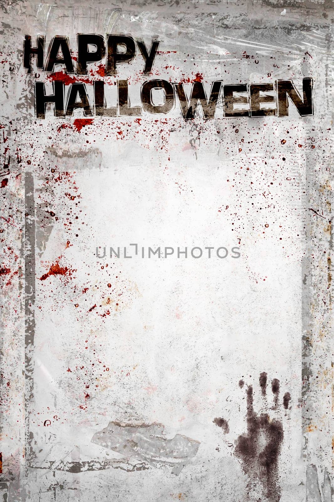 Happy Halloween background with grungy frame, bloody handprints, remains of scotch tape and cellophane. Fully editable. It can be used as a party invitation, food menu, poster, wallpaper, design t-shirts and more.