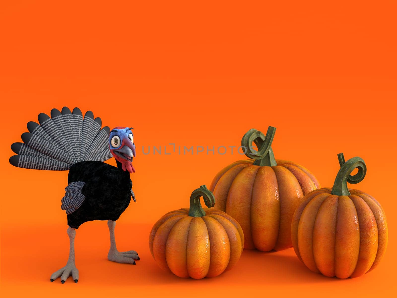 3D rendering of a silly cartoon turkey with three pumpkins on a fall pumpkin greeting card.