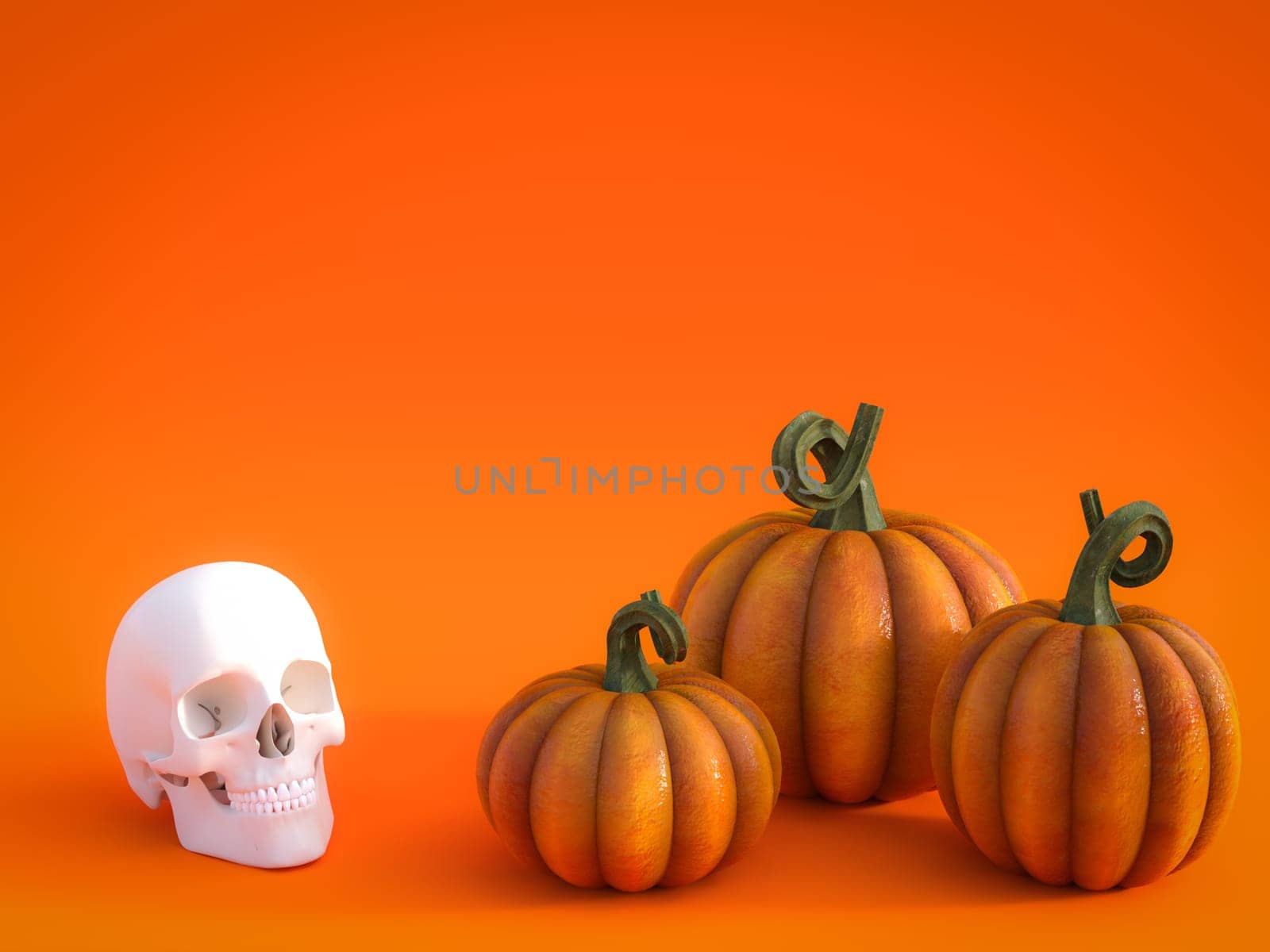 3D rendering of a halloween fall pumpkin greeting card with a skull and three pumpkins in the bottom and lots of copyspace above to fill in your message.