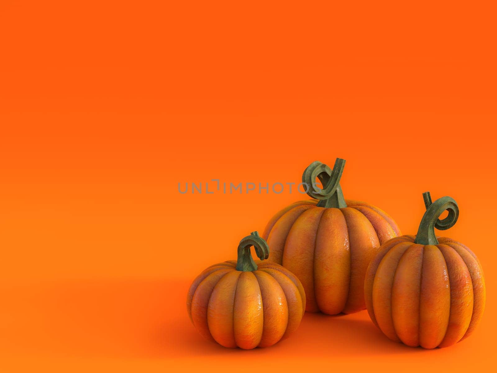 3D rendering of a halloween fall pumpkin greeting card with three pumpkins in the bottom right corner and lots of copyspace to fill in your message.