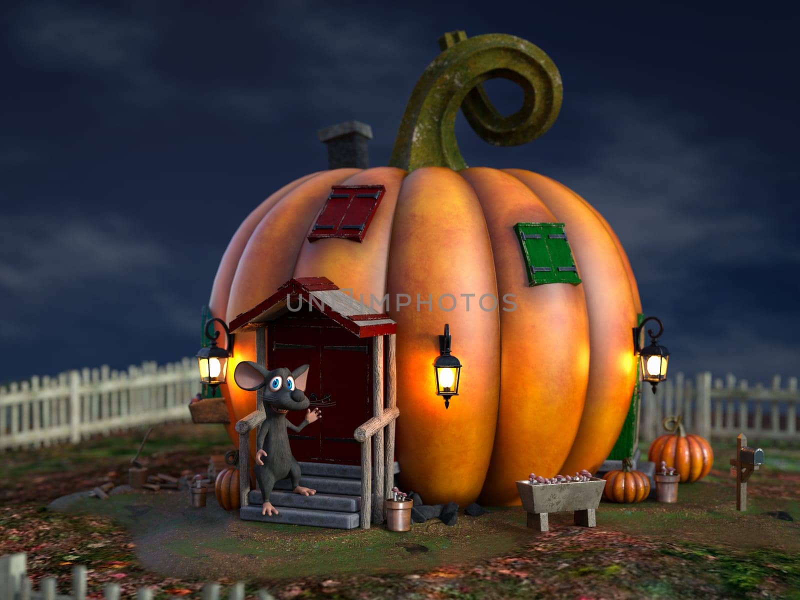 3D rendering of a cute smiling cartoon mouse standing outside a fantasy pumpkin house in a fairytale garden.