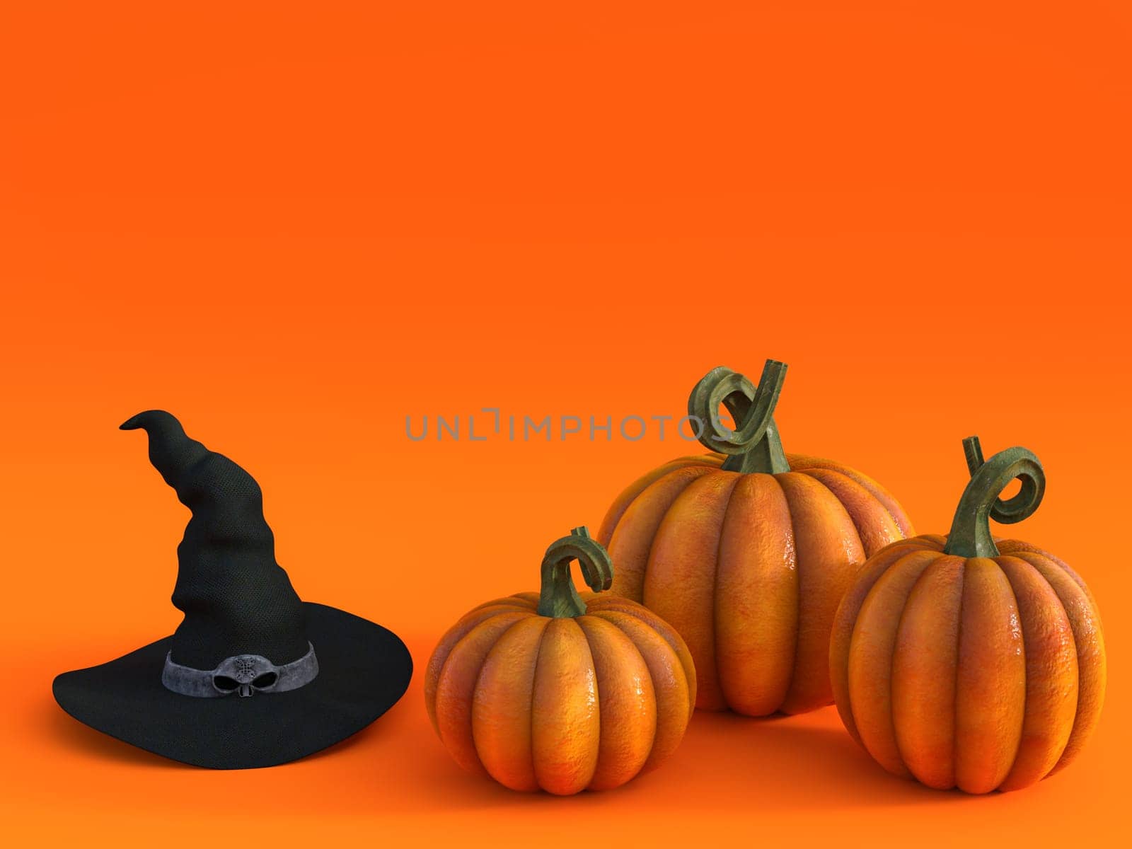 3D rendering of a halloween fall pumpkin greeting card with a witch hat and three pumpkins in the bottom and lots of copyspace above to fill in your message.