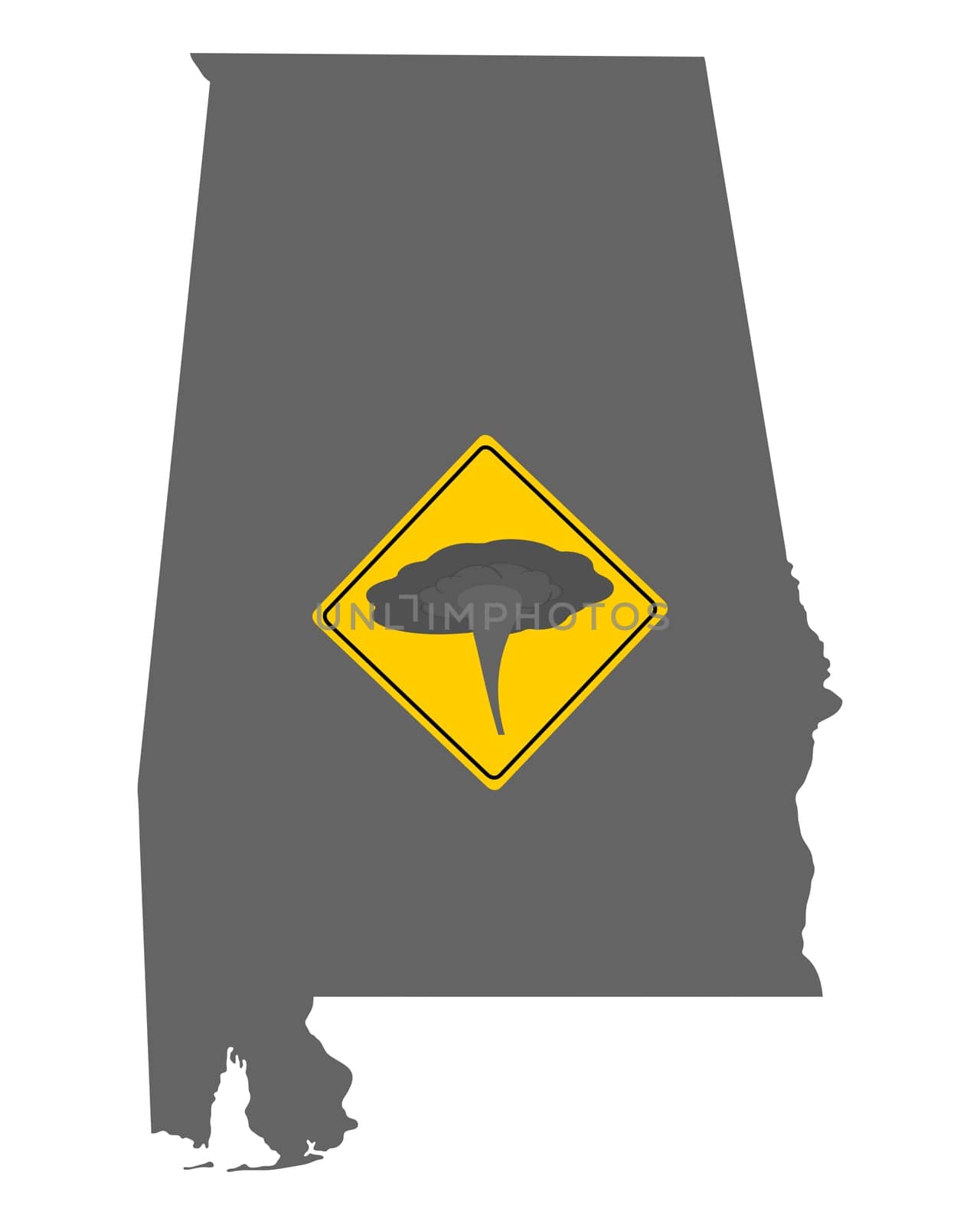 Karte von Alabama mit Verkehrsschild Tornadowarnung