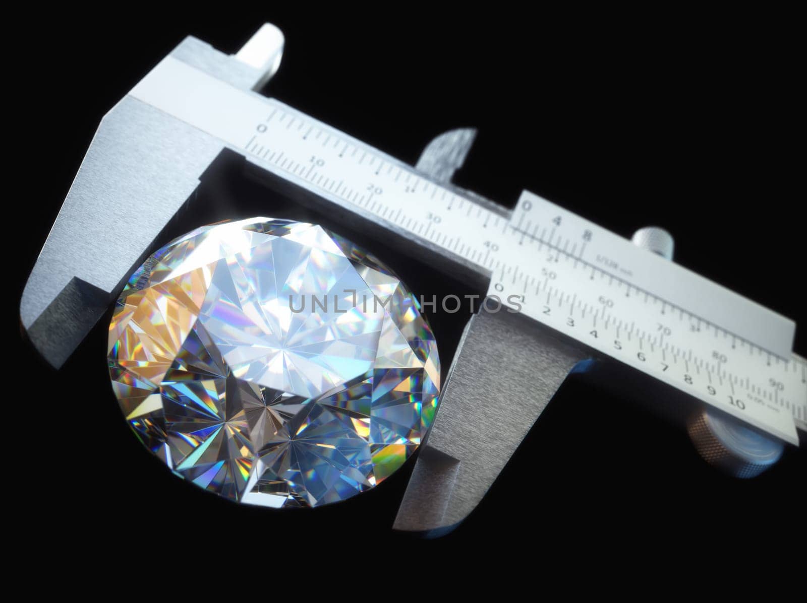 3D illustration of a huge diamond being measured by a caliper. Concept image of wealth and luxury.