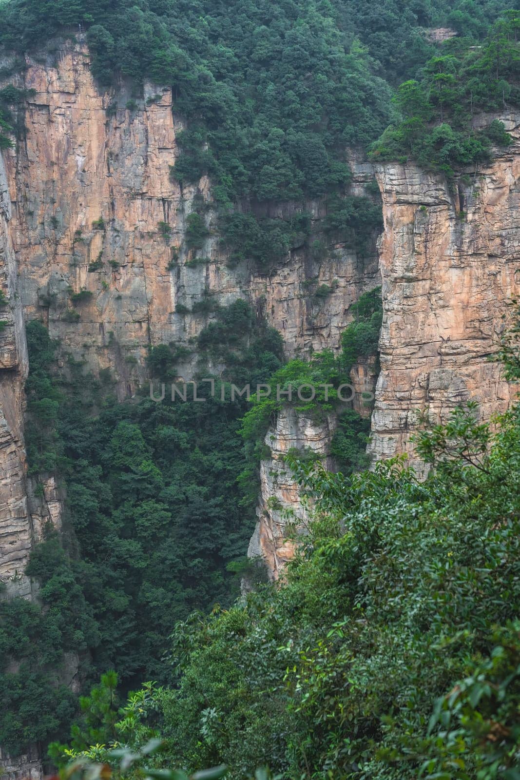 View from the scenic platform over the Tian Qiao or the Greatest Natural Bridge in Yuanjiajie scenic area, Zhangjiajie Forest Park, Hunan province, China