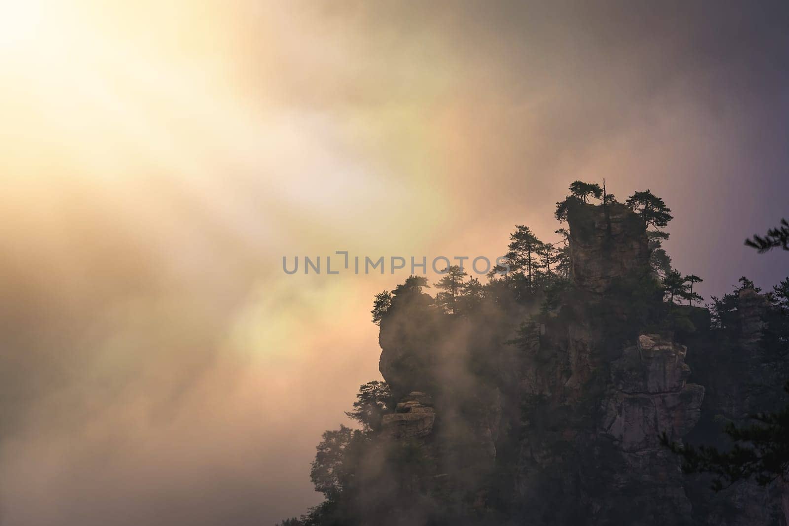 Sun shining on the trees on top of a karst pillar rock formations of Tianzi mountains, Avatar mountains nature park, Zhangjiajie, China