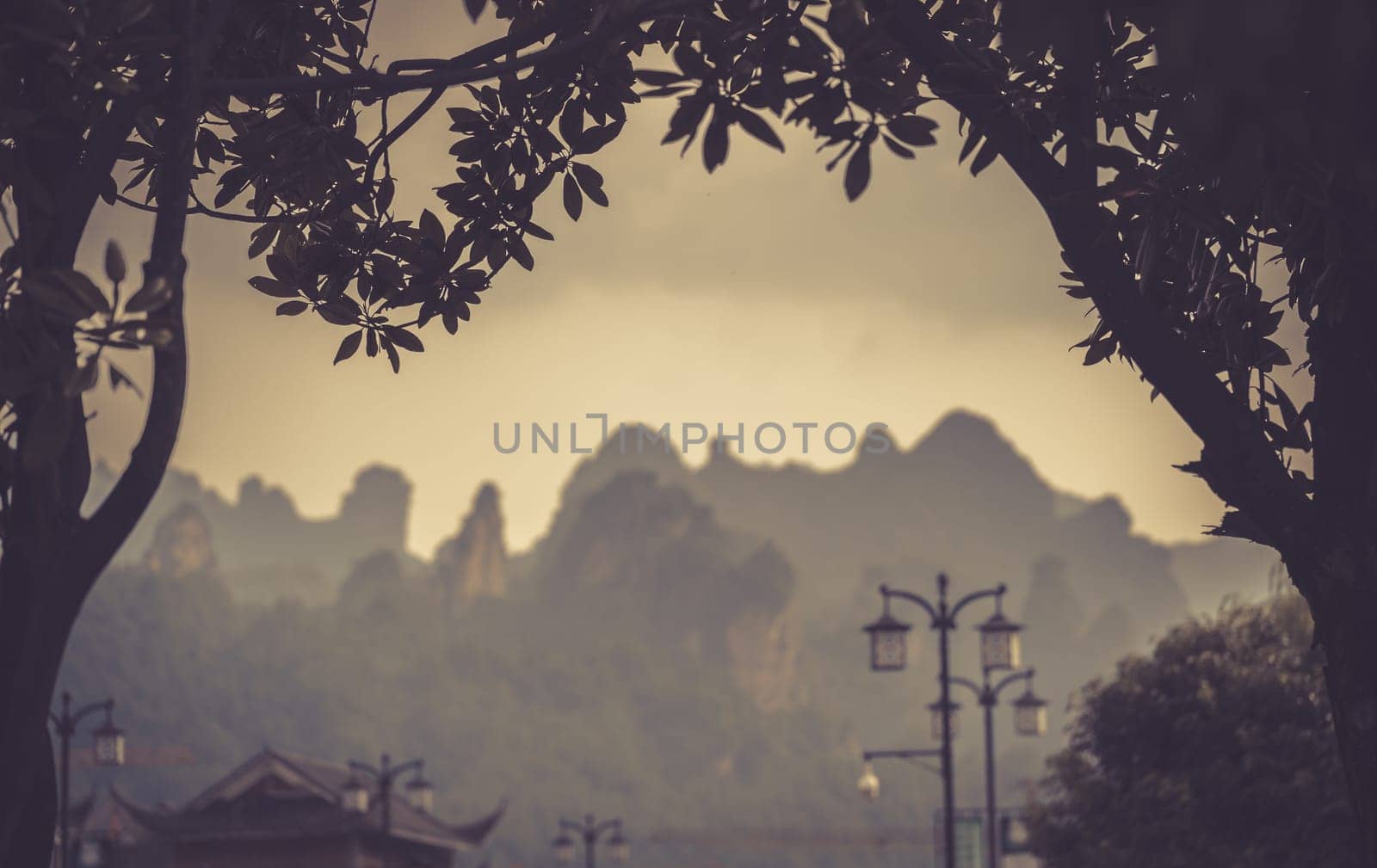Stunningly beautiful rocky karst mountain formations as seen from the centre of Wulingyuan town, Hunan Province, China