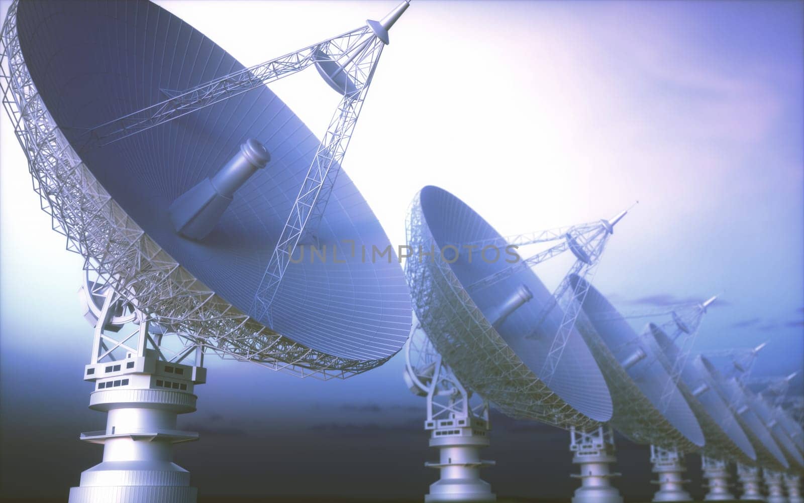 Alignment of giant satellite dishes for signal. 3D illustration, concept of science and technology of communication.