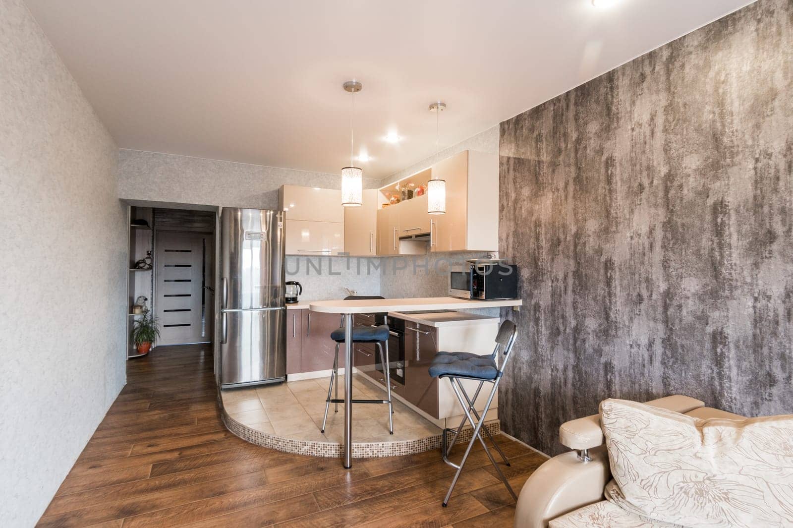Russia, Moscow- June 11, 2019: interior room apartment. standard repair decoration in hostel. kitchen and dining room