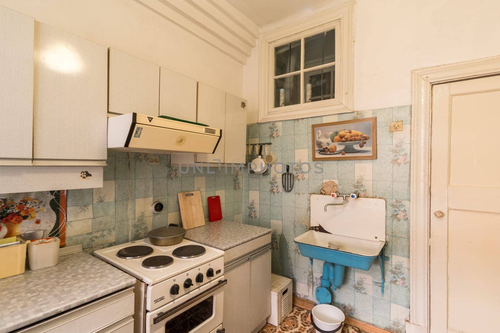 Russia, Moscow- June 11, 2019: interior room apartment. standard repair decoration in hostel. kitchen and dining room