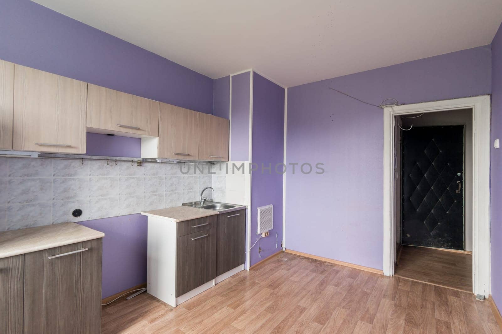 Russia, Moscow- June 11, 2019: interior room apartment. standard repair decoration in hostel. kitchen and dining room
