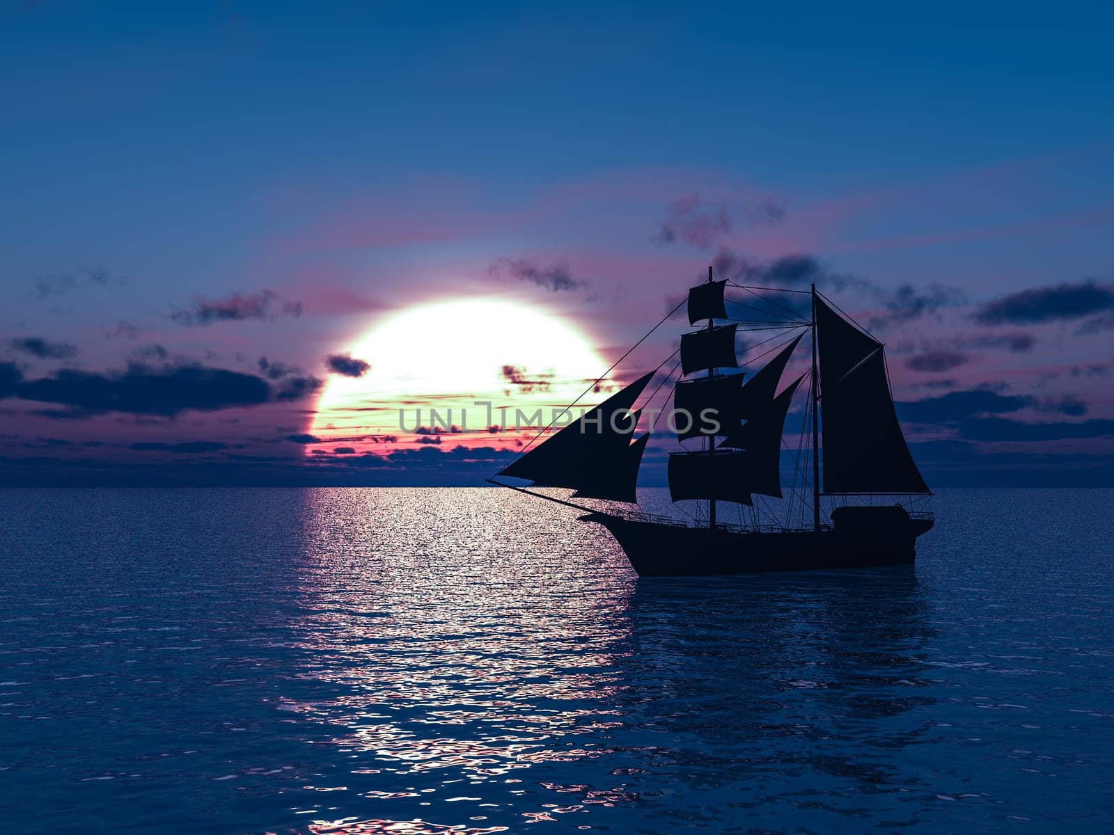 3D rendering of an old merchant ship or schooner out at sea at sunset.