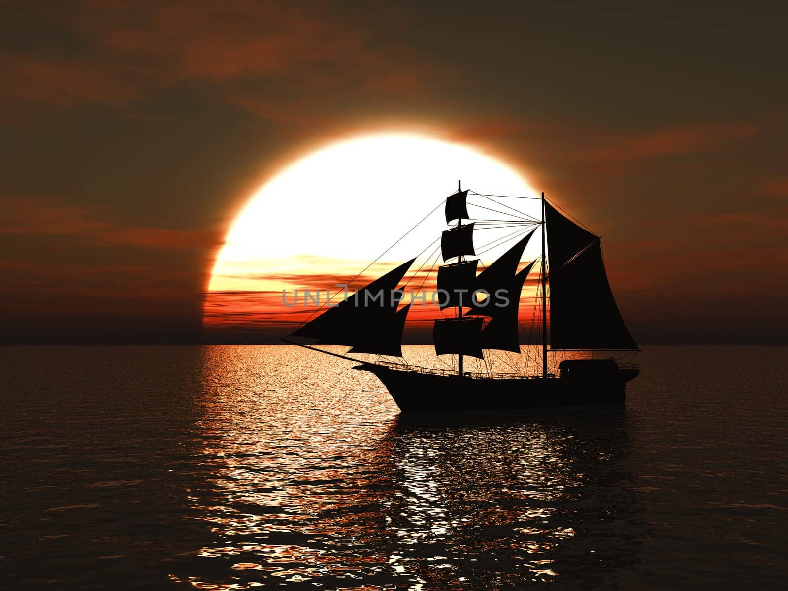 3D rendering of an old merchant ship or schooner out at sea at sunset.