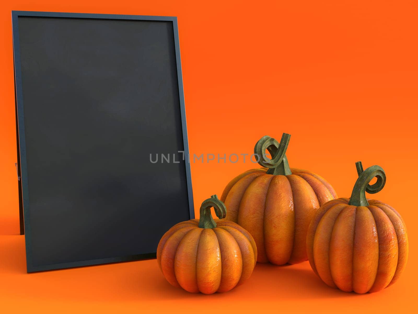 3D rendering of a halloween fall pumpkin greeting card with a blackboard to write your message on and three pumpkins.
