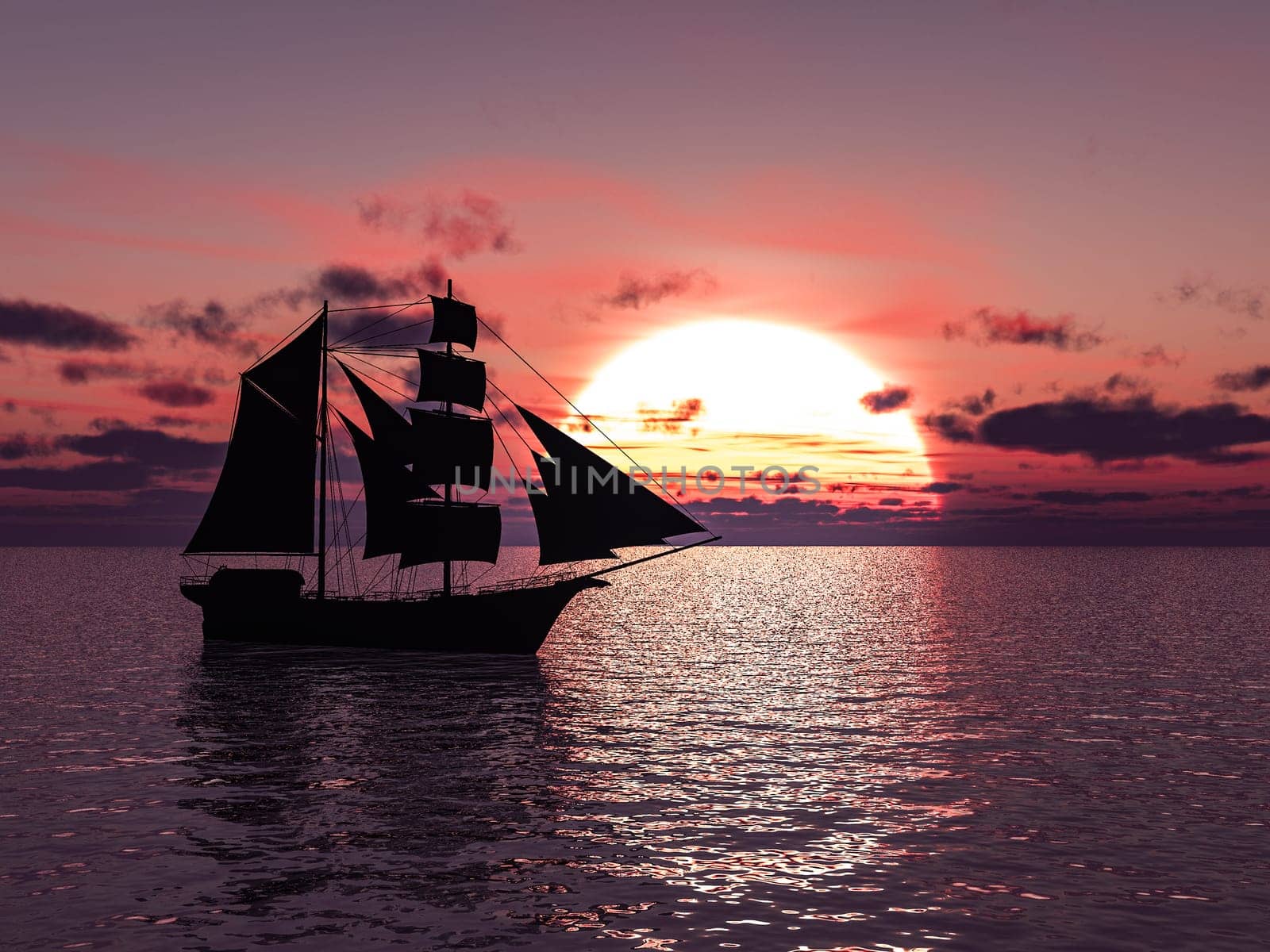 3D rendering of an old merchant ship or schooner out at sea at sunset.