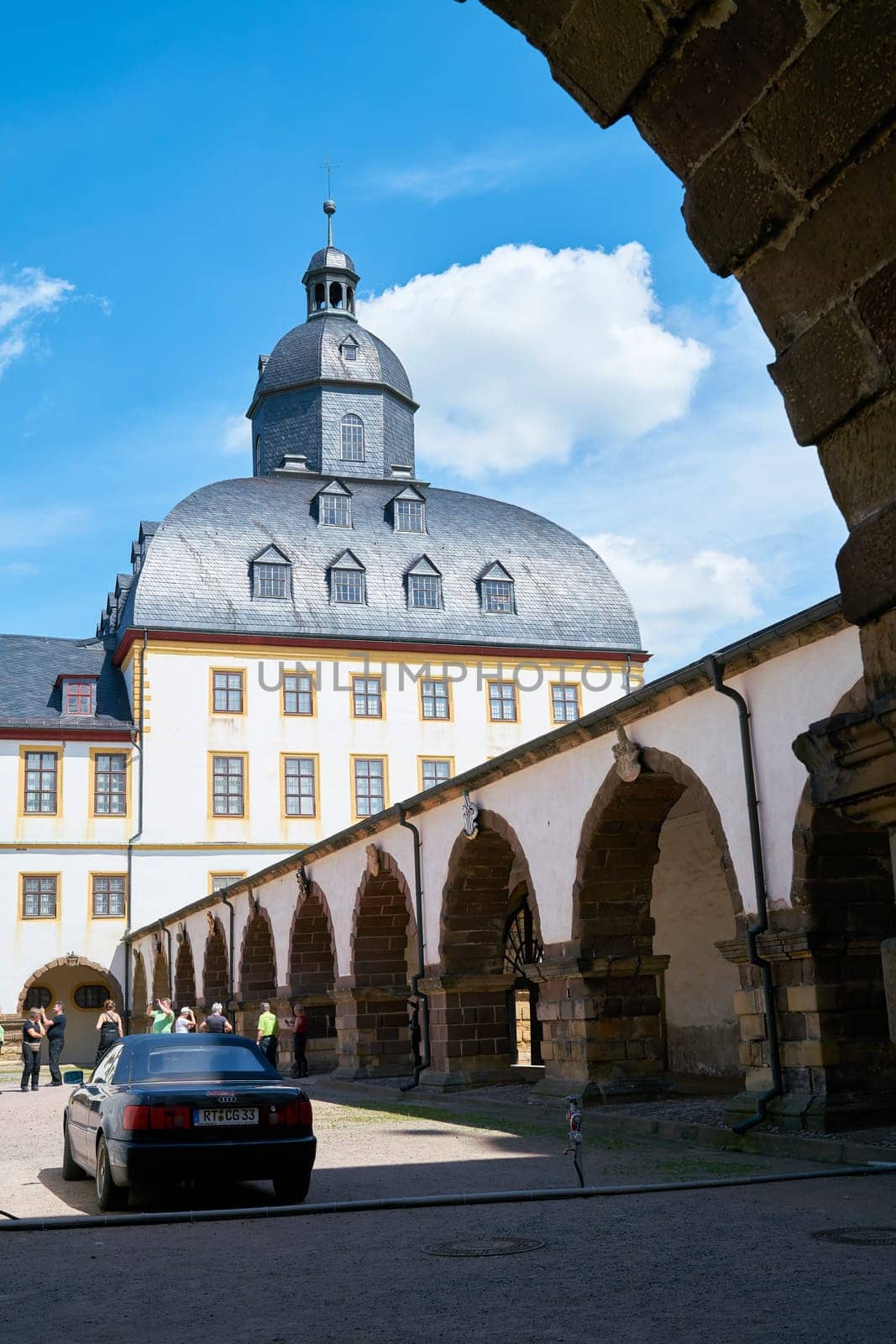 Tourists in the courtyard of the castle Friedenstein in Gotha in Thuringia