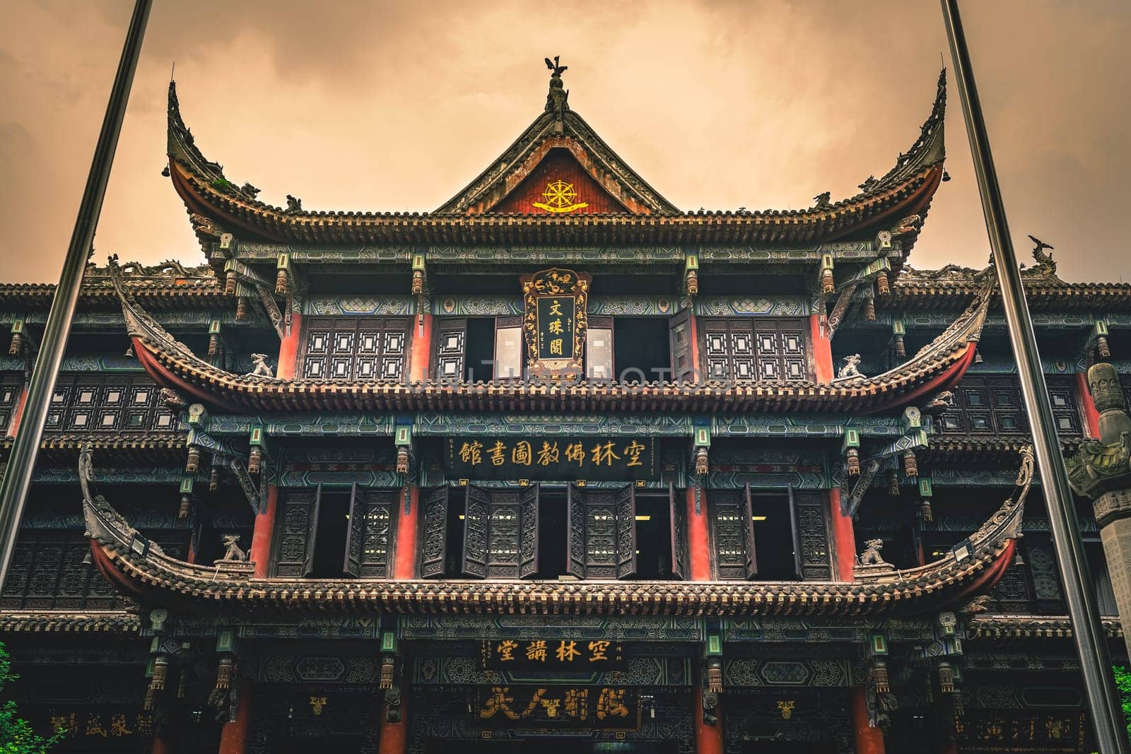 Chengdu, China -  July 2019 : Front facade of an impressive temple in Wenshu Monastery