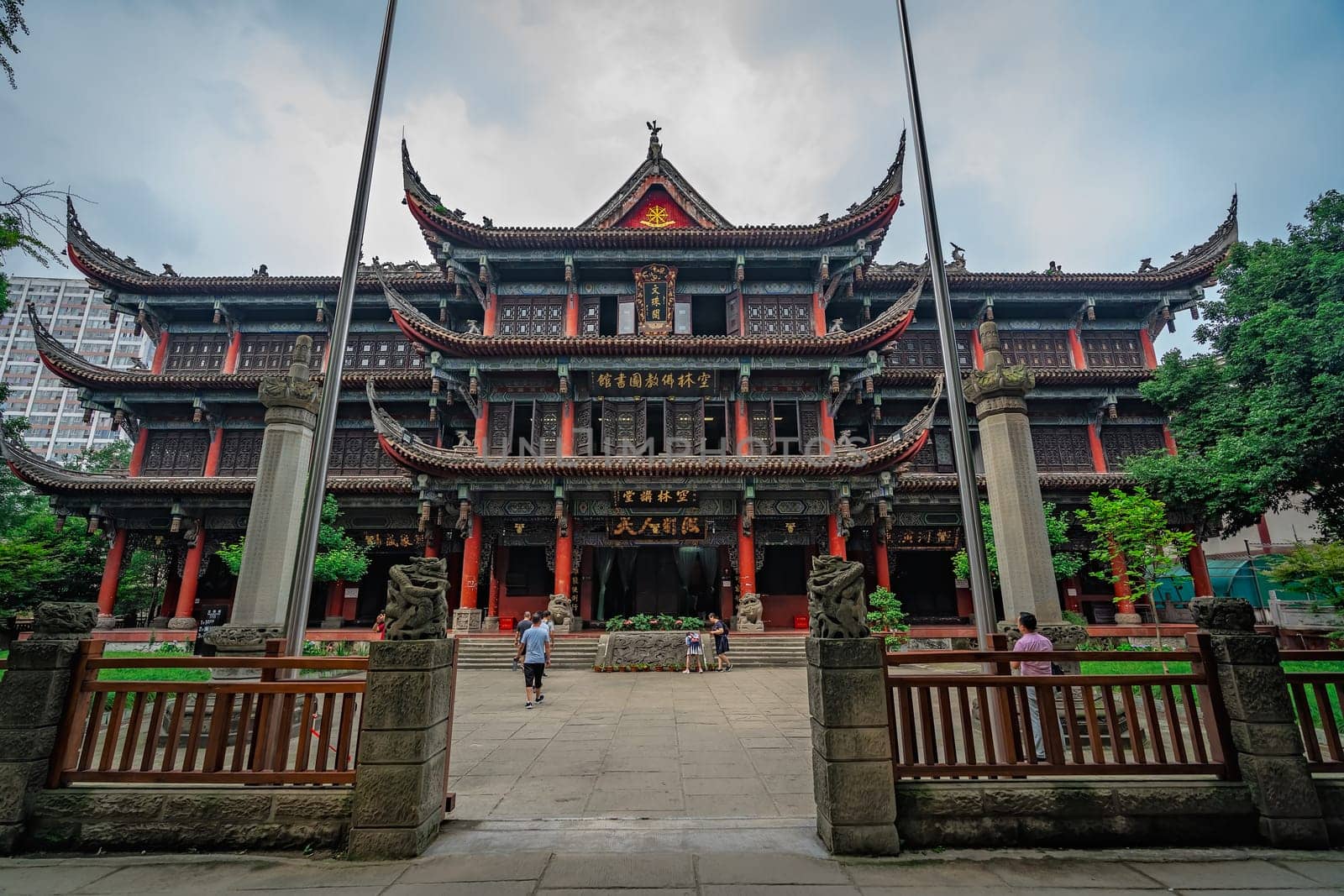 Chengdu, China -  July 2019 : Gates to the courtyard in front of an impressive temple in Wenshu Monastery