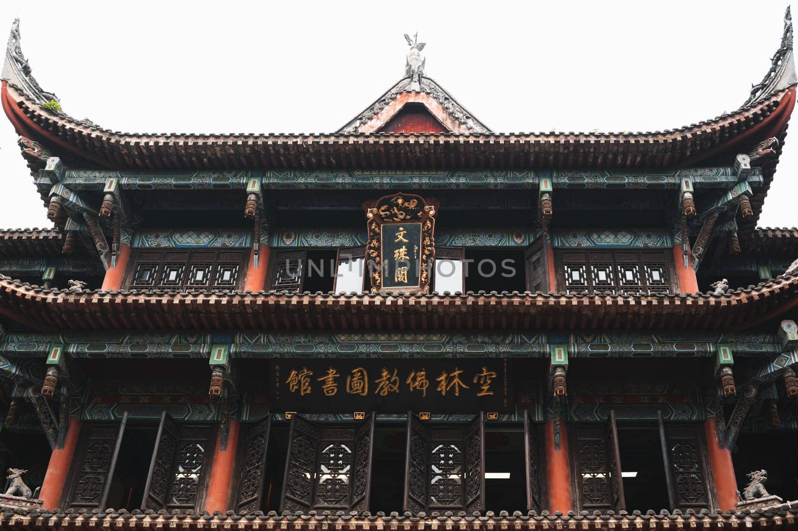 Chengdu, China -  July 2019 : Front facade of an impressive temple in Wenshu Monastery