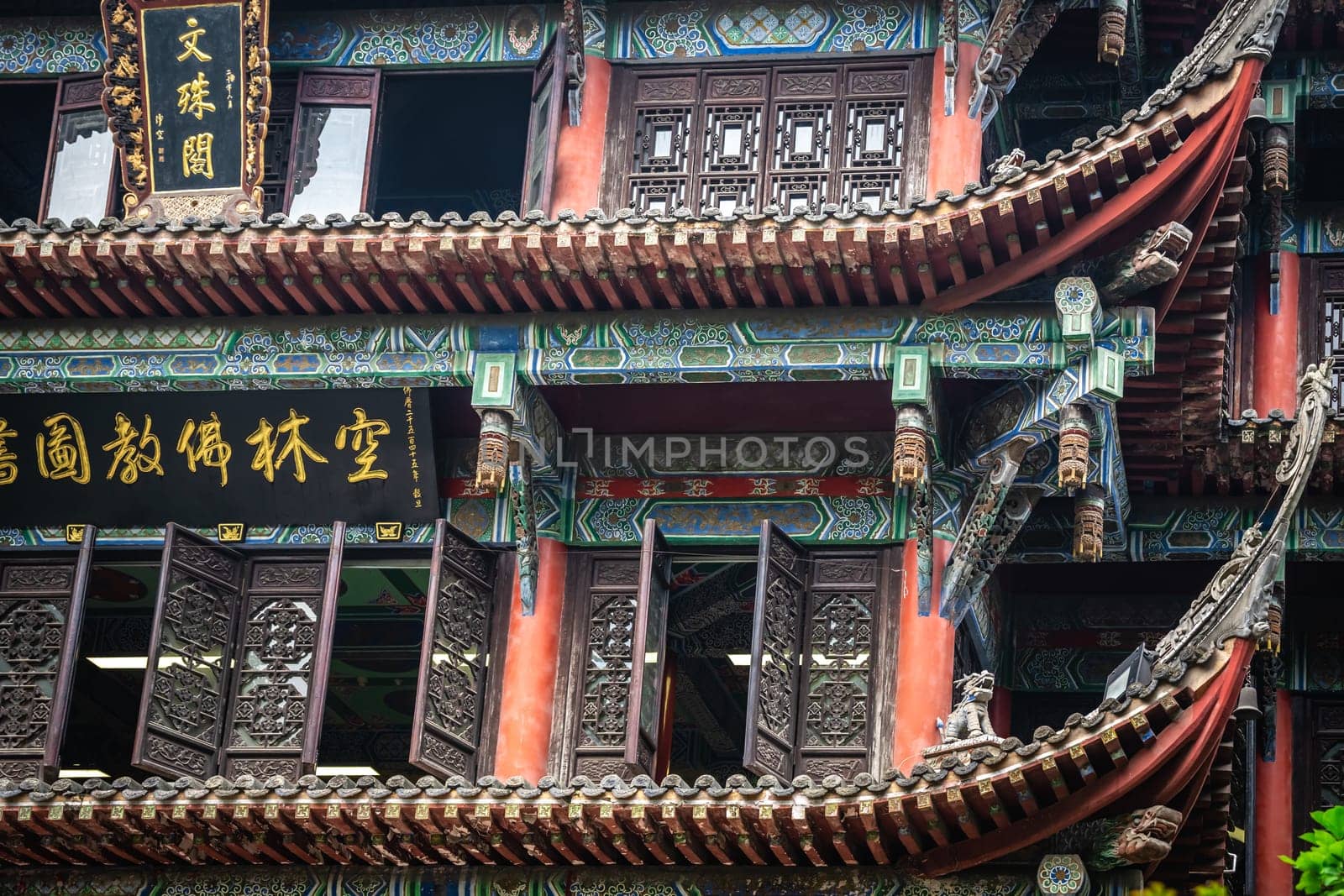 Chengdu, China -  July 2019 : Architectual detail of the impressive temple in Wenshu Monastery