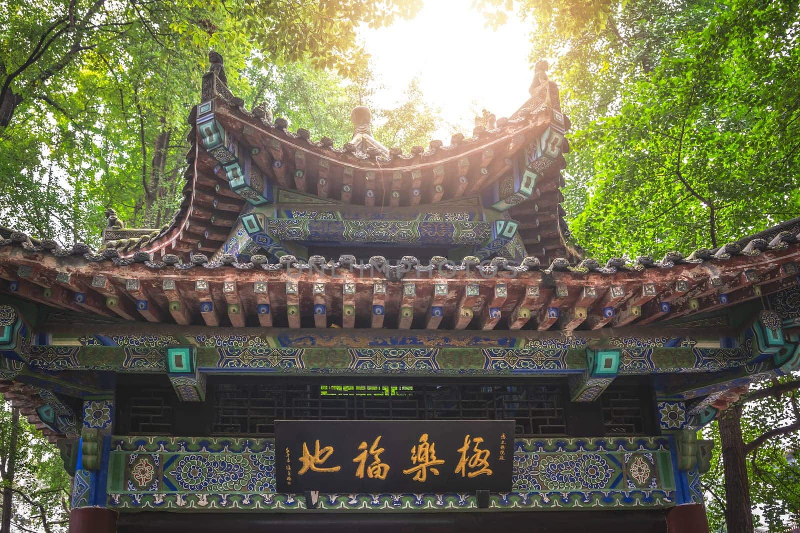 Chengdu, China -  July 2019 : Traditional architecture roof of a small buddhist temple in Wenshu Monastery