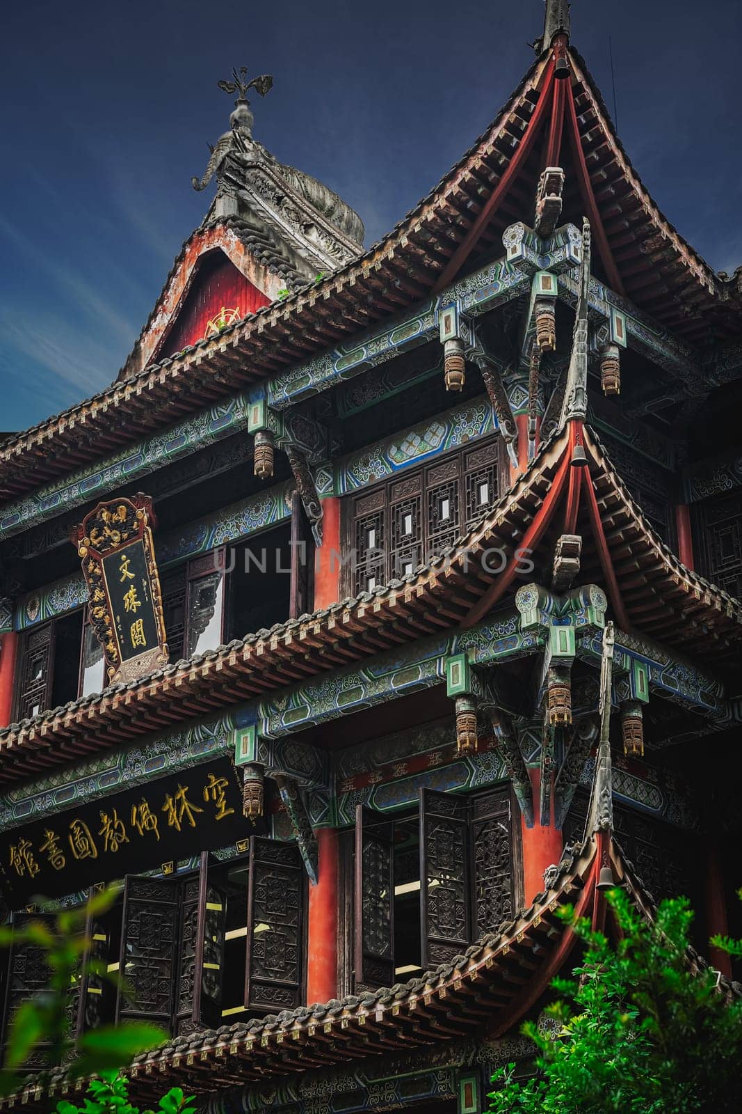 Chengdu, China -  July 2019 : Front facade of an impressive temple in Wenshu Monastery