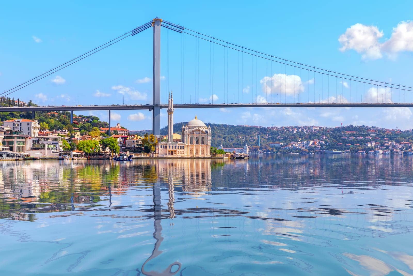 Ortakoy Mosque and the Bosphorus Bridge, view from the sea, Istanbul.