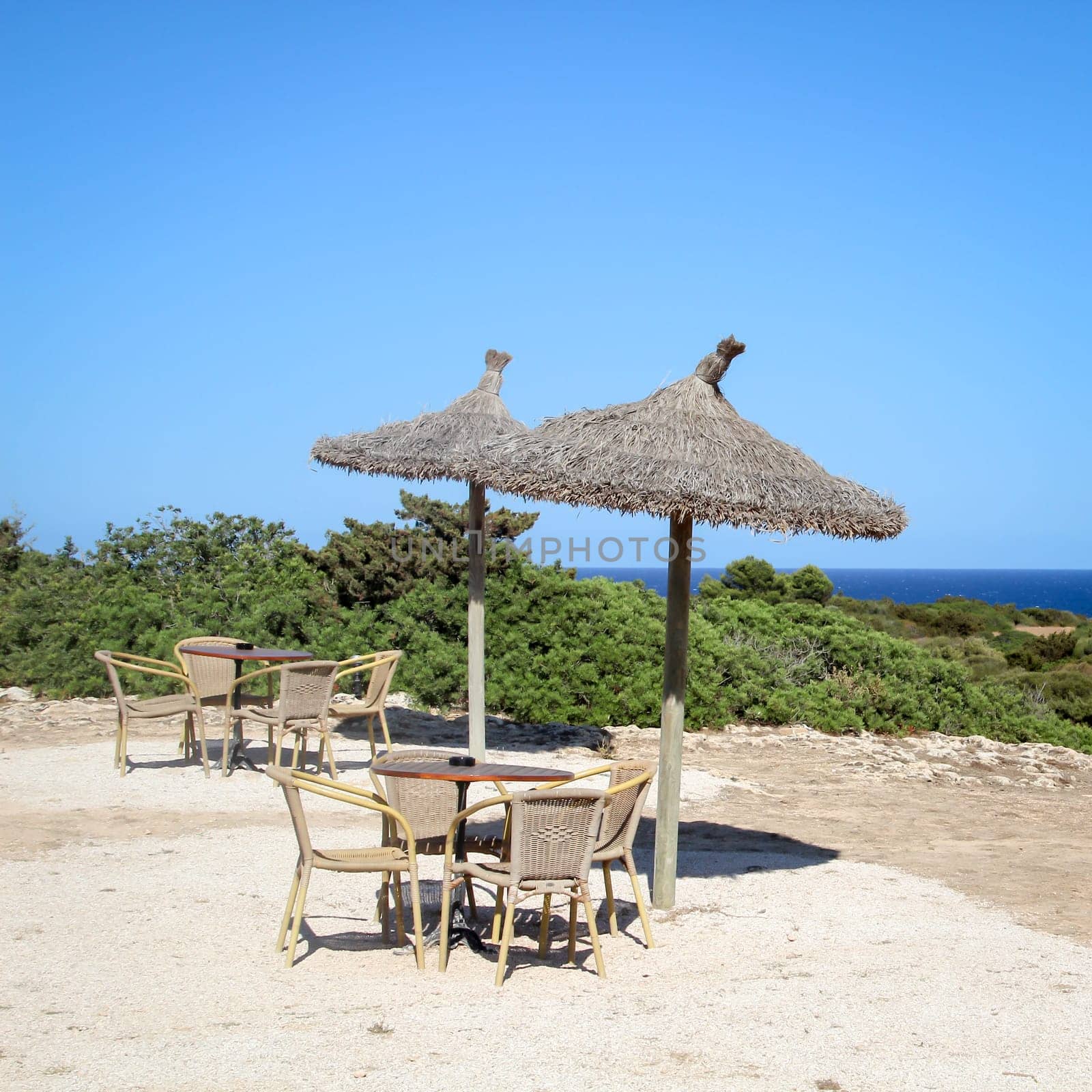 a beach bar with umbrellas made of reeds