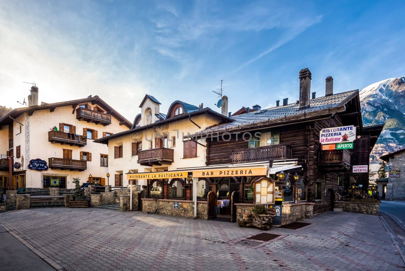Livigno, Italy, April 2016 Traditional Alpine wooden architecture in the village, Livigno is a ski centre for Italian Alps