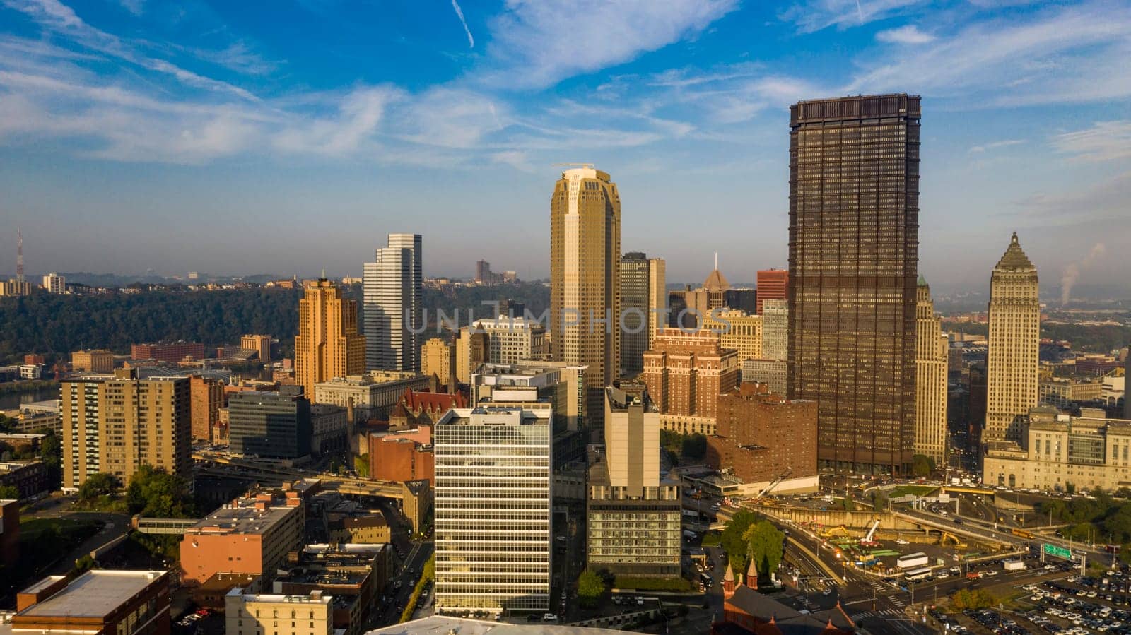 Blue skies and some air pollution linger over the downtown urban city center in Pittsburgh PA