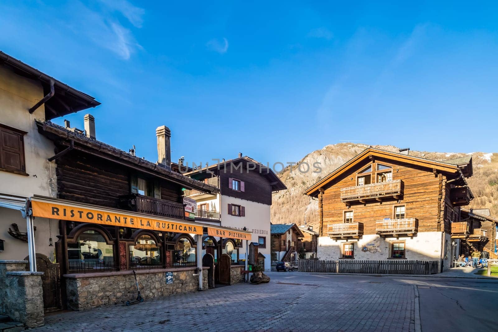 Livigno, Italy, April 2016 Traditional Alpine wooden architecture in the village, Livigno is a ski centre for Italian Alps