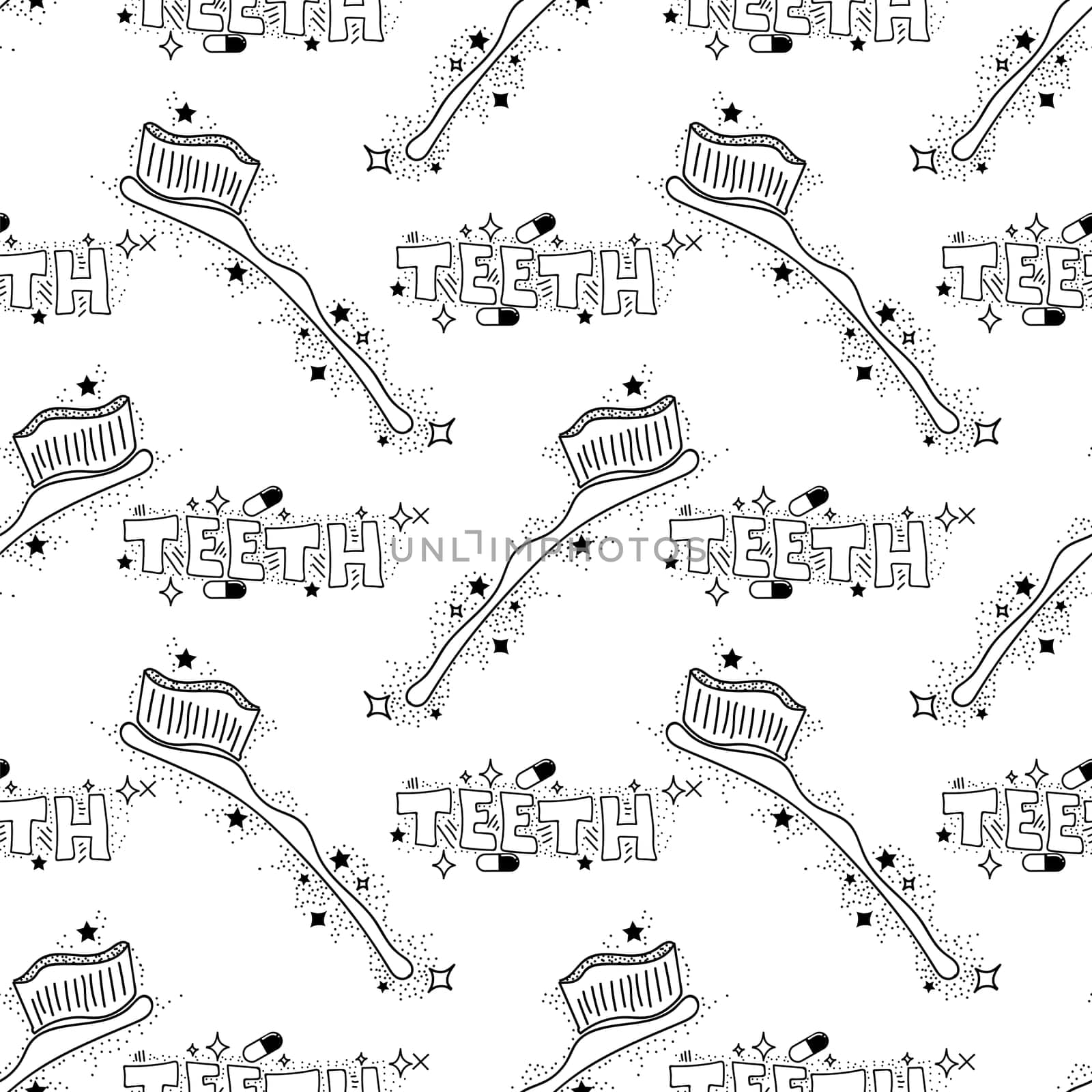 Doodle Medical Seamless Pattern with Toothbrush Isolated on White Background. Oral Hygiene Concept. Cleaning of Oral Cavity