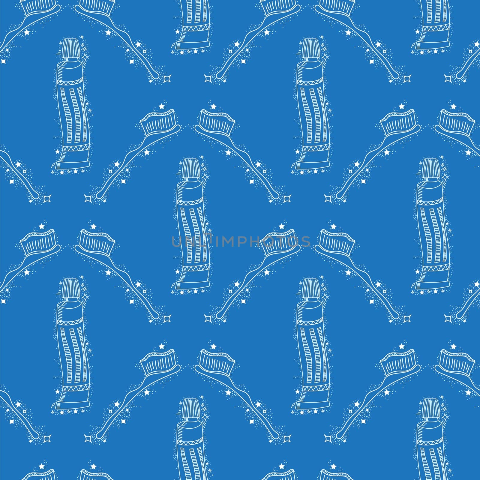 Doodle Medical Seamless Pattern with Toothbrush Isolated on Blue Background. Oral Hygiene Concept. Cleaning of Oral Cavity.
