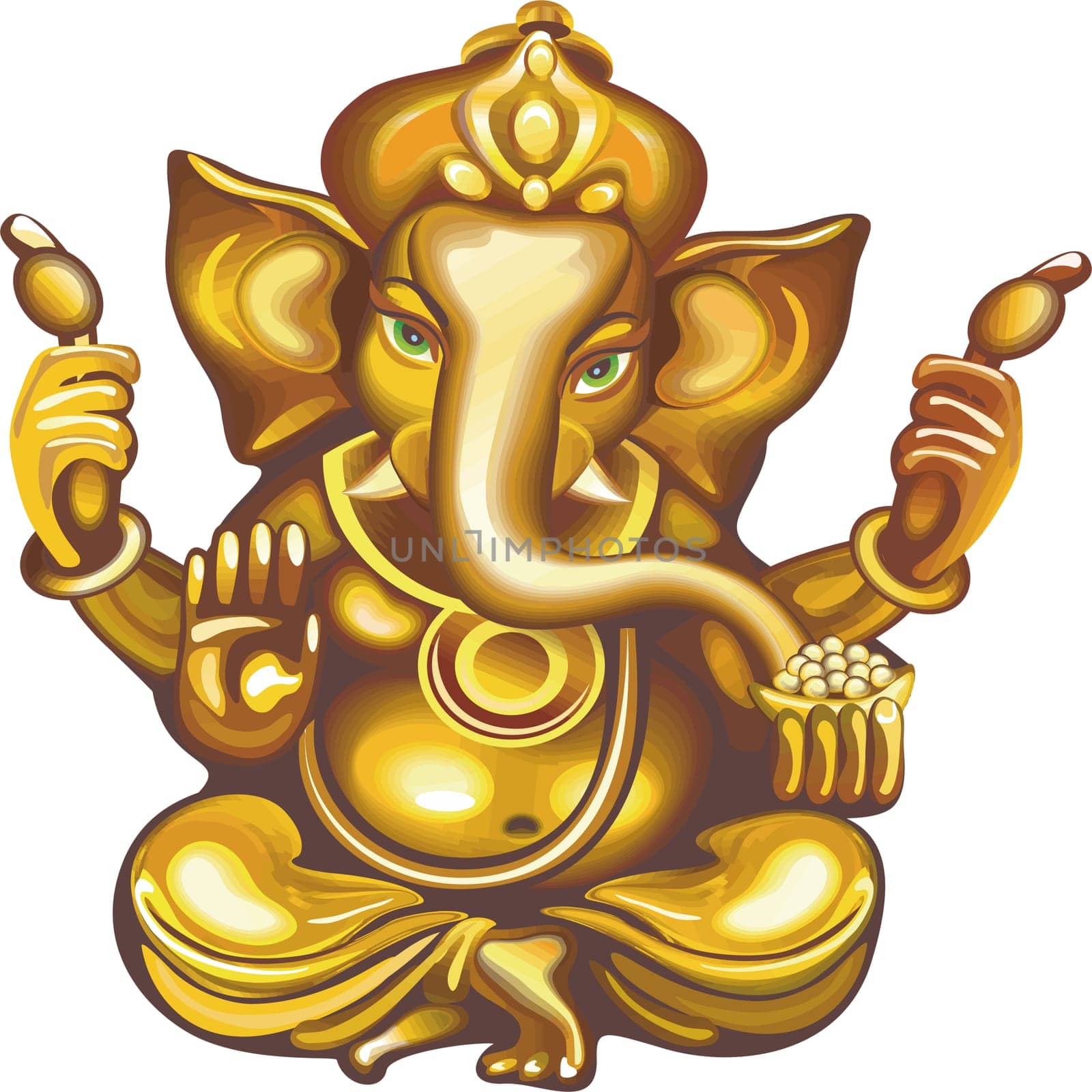 seated golden Ganesha green eyes hindu lord faith mythology bless god illustration