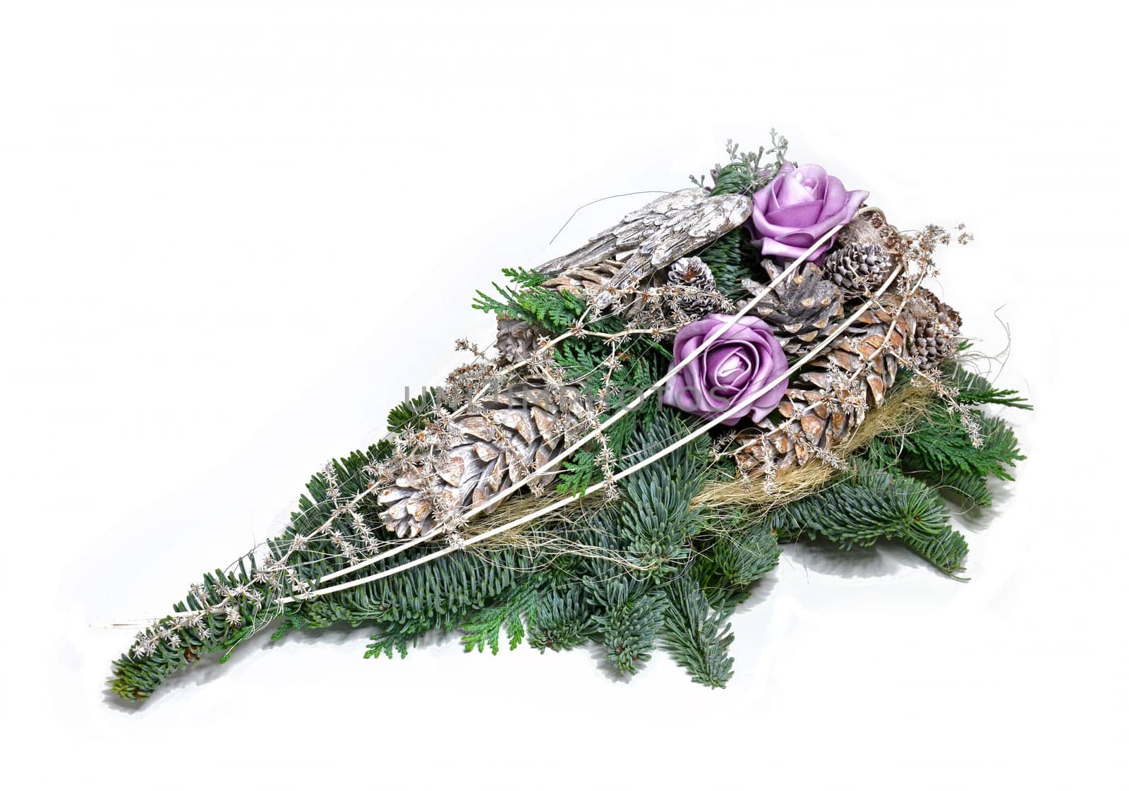 grave arrangement with angel wings