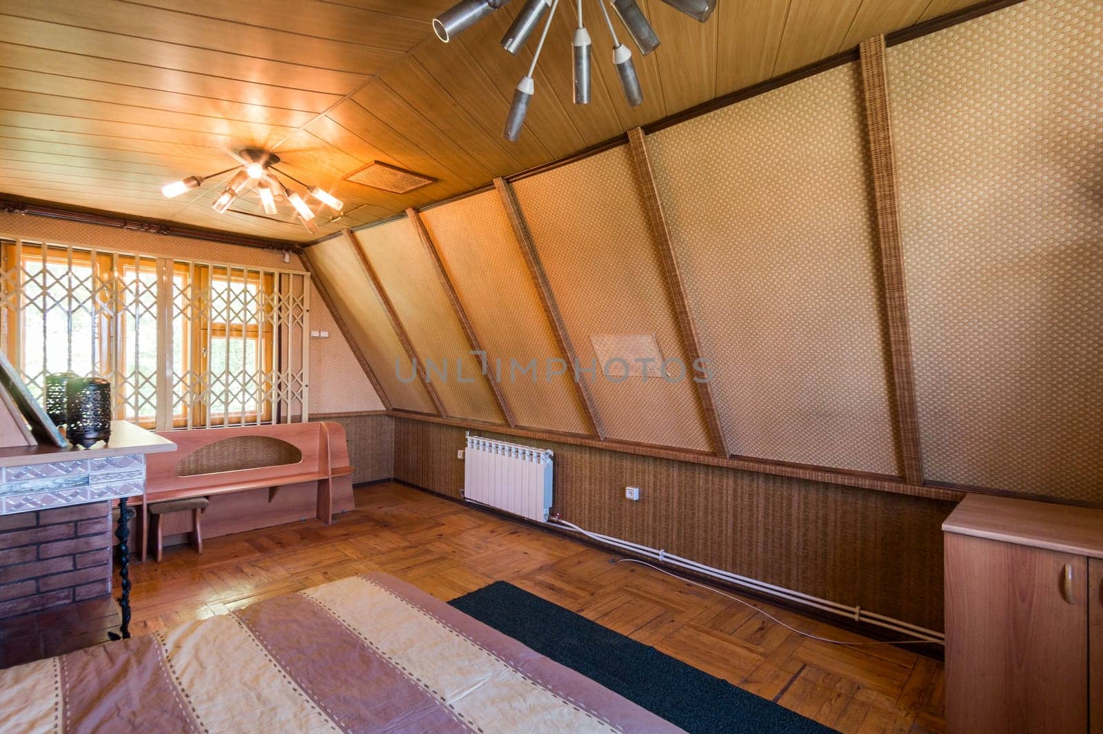 Russia, Moscow- June 11, 2019: interior room apartment. standard repair decoration in hostel. wooden country house