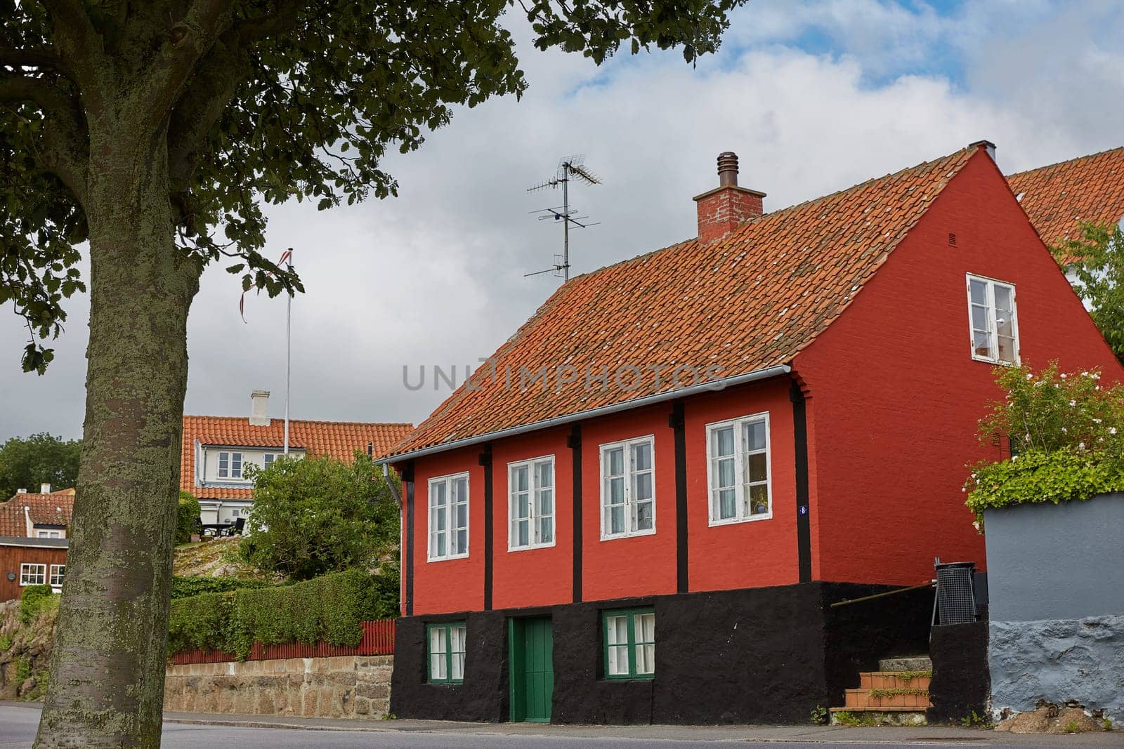 Traditional colorful half-timbered houses on Bornholm island in Svaneke Denmark.