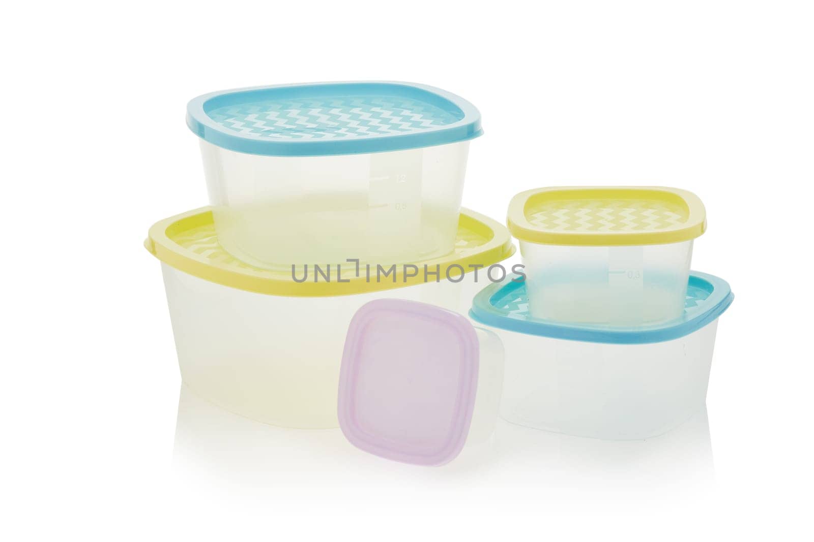 Set of empty transparent plastic containers for food isolated on white background. Lunch box. Ware of a warming up of food in a microwave and storages in the refrigerator.
