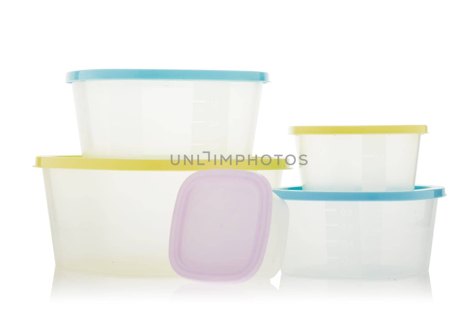 Set of empty transparent plastic containers for food isolated on white background. Lunch box. Ware of a warming up of food in a microwave and storages in the refrigerator.