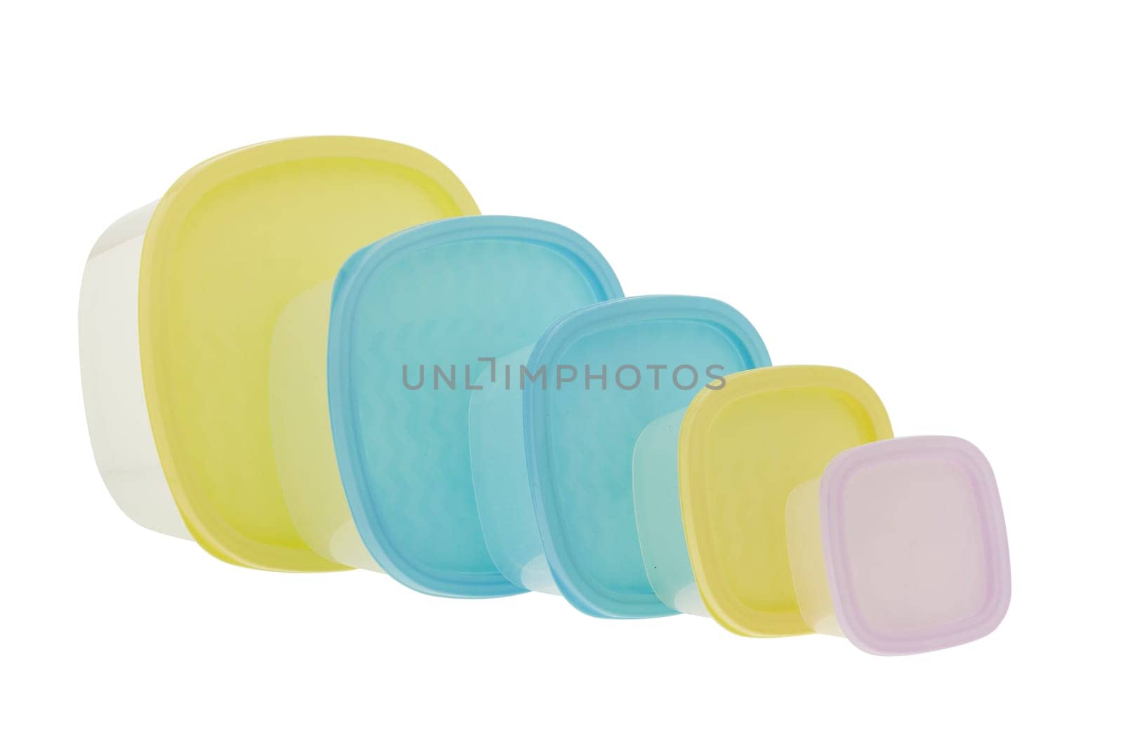 Set of empty transparent plastic containers for food isolated on white background. Lunch box. Ware of a warming up of food in a microwave and storages in the refrigerator.