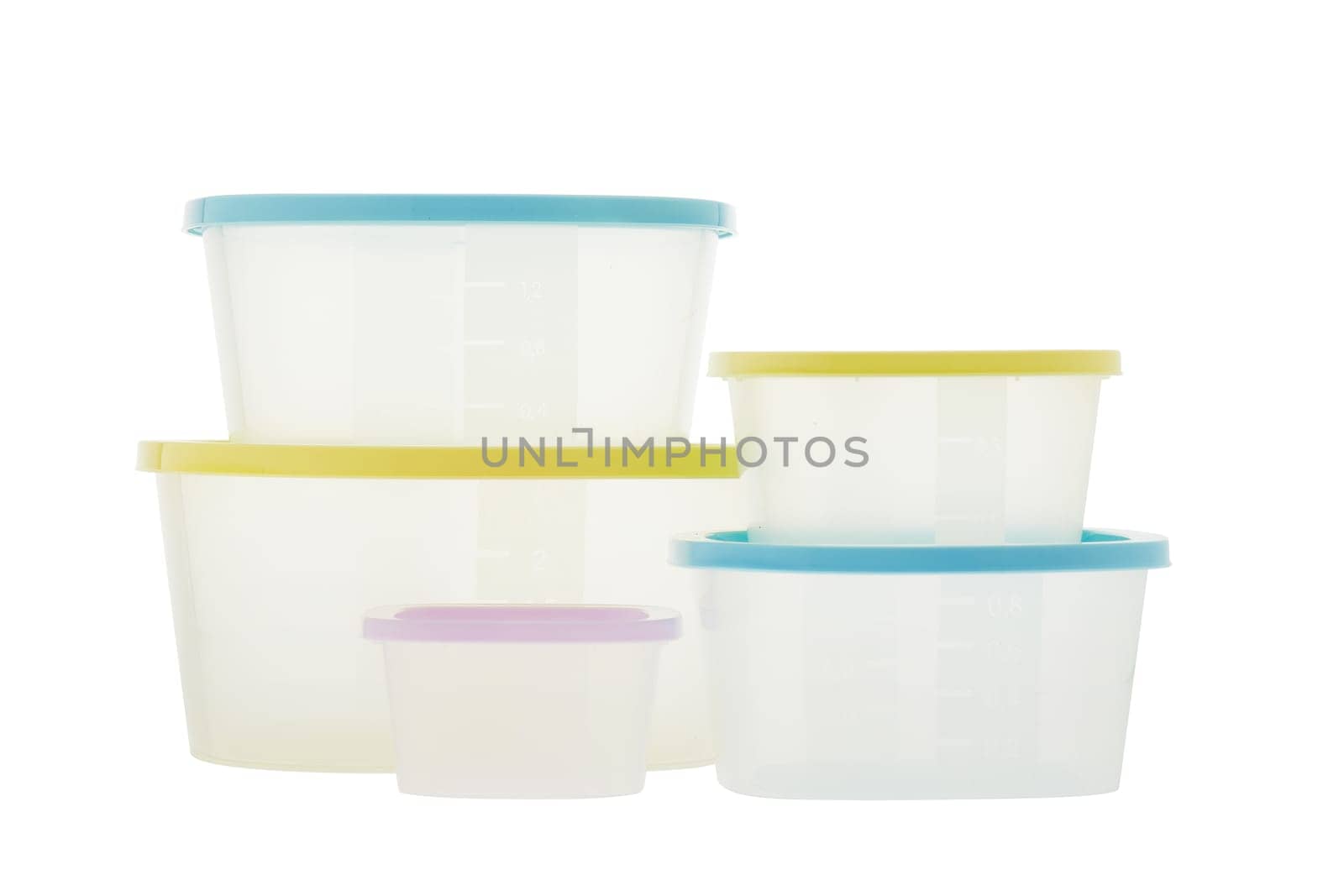 Set of empty transparent plastic containers for food isolated on white background. Lunch box. Ware of a warming up of food in a microwave and storages in the refrigerator.