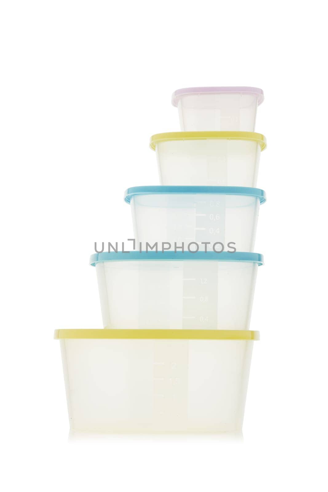 Set of empty transparent plastic containers for food isolated on white background. Lunch box. Ware of a warming up of food in a microwave and storages in the refrigerator.