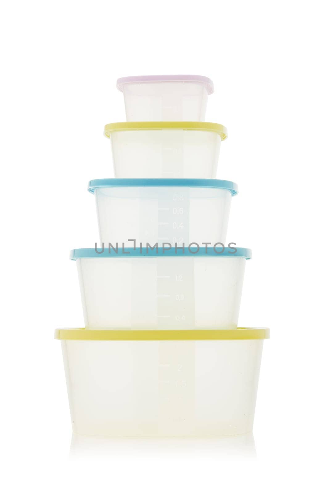 Set of empty transparent plastic containers for food isolated on white background. Lunch box. Ware of a warming up of food in a microwave and storages in the refrigerator.